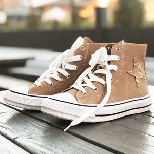 NEW High Top Faux Leather Stitch Star Patch Casual Sneakers Shoes Camel Beige